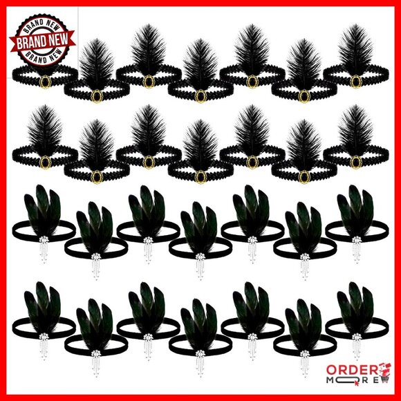 24-Piece 1920s Flapper Headband Set with Feathers and Rhinestones main image 5